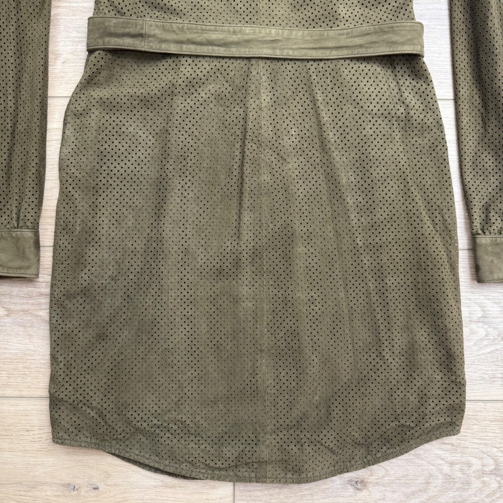 Haute Hippie Suede Leather Shirt Dress Olive Green Perforated Belted Utility - Picture 8 of 16